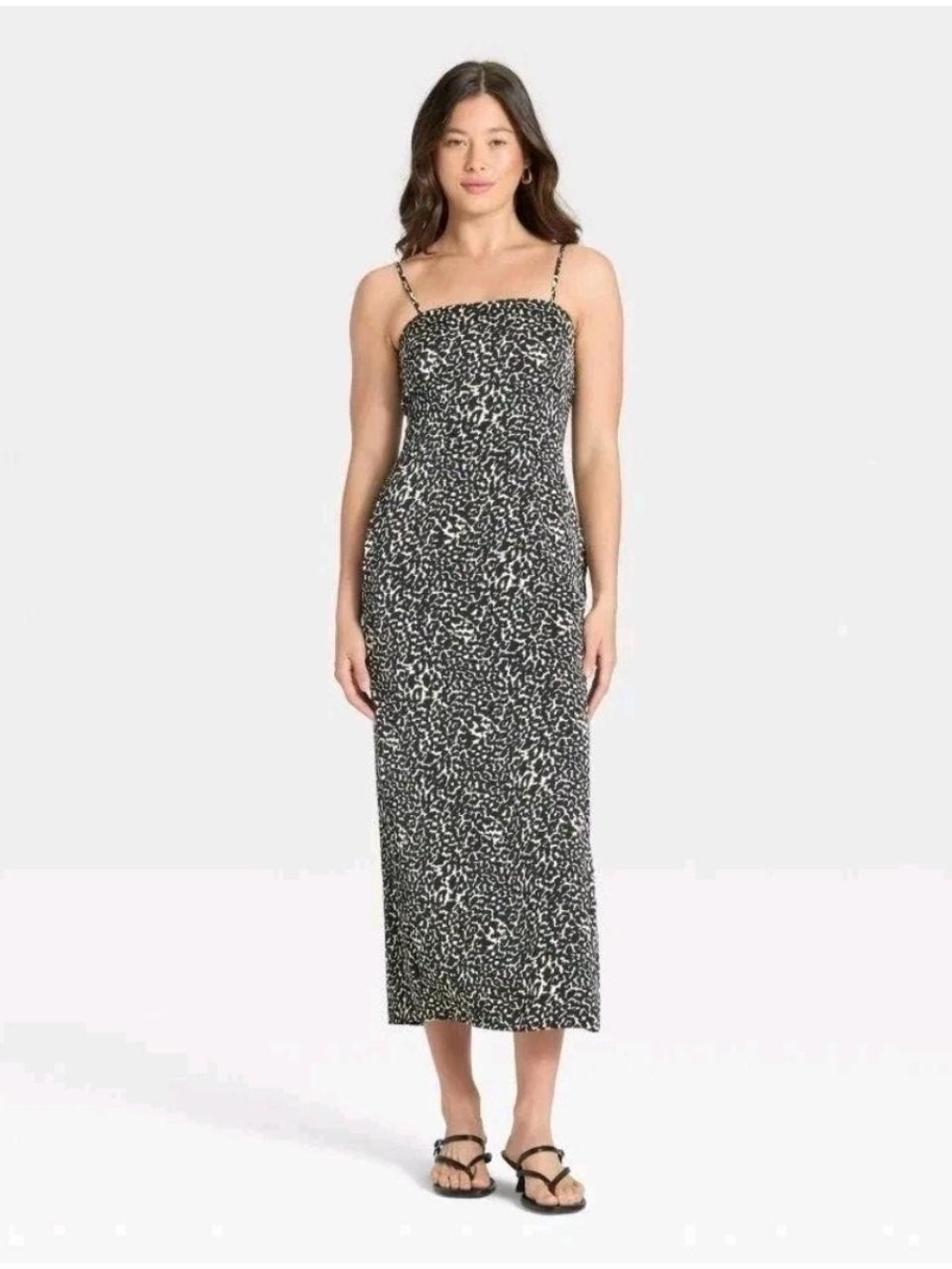 Black and White Spotted Midi Slip Dress with Spaghetti Straps